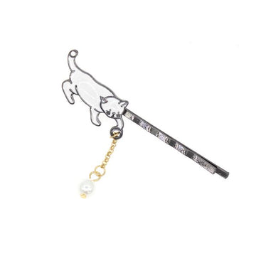 White Enamel Playing Kitten Cat Hair Clip with Faux Pearl Tassel (pc)